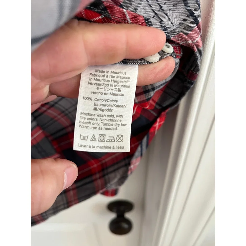 J.Crew Slim All Cotton Oxford Shirt‎ Red Grey Plaid Button Down K1975 Mens L
